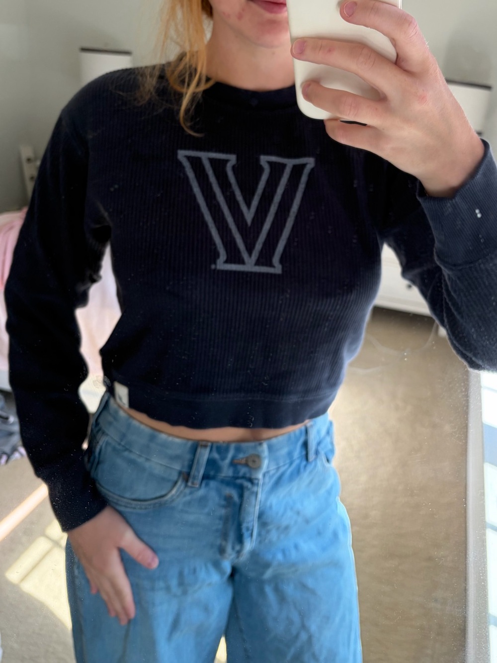 Villanova university League Black Cropped Ribbed Long-Sleeve Top with V Logo